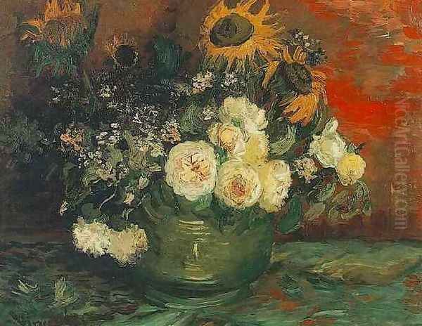 Bowl With Sunflowers Roses And Other Flowers Oil Painting by Vincent Van Gogh