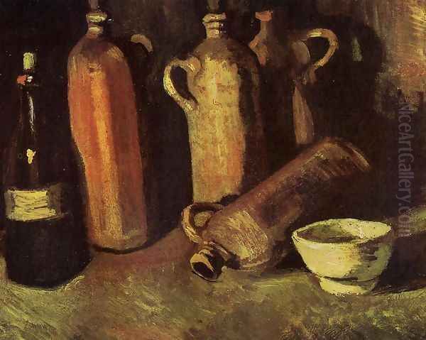 Still Life With Four Stone Bottles Flask And White Cup Oil Painting by Vincent Van Gogh