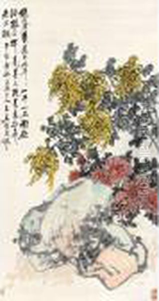 Chrysanthemum And Rock Oil Painting by Wang Zhen