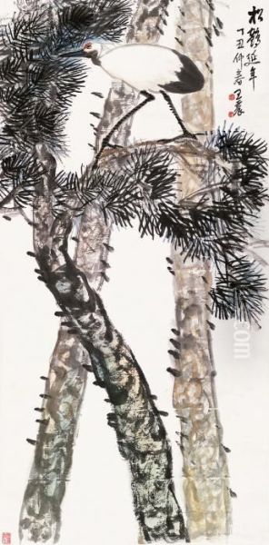 Pine Tree And Crane Oil Painting by Wang Zhen