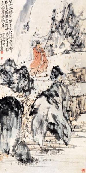 Wang Zhenwalking In The Woods Oil Painting by Wang Zhen