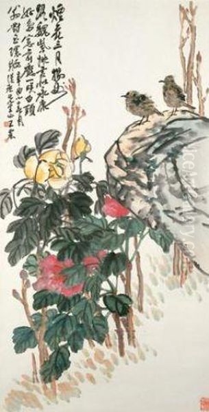 Chinese Bulbul And Peony Oil Painting by Wang Zhen