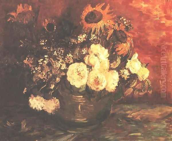 Bowl of Sunflowers, Roses and other Flowers Oil Painting by Vincent Van Gogh