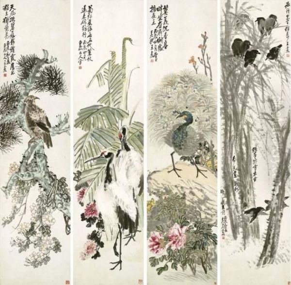 A Set Of Four Hanging Scrolls, Ink Or Ink And Color On Paper Oil Painting by Wang Zhen