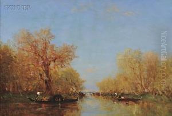 Gondolas On A Lagoon In Autumn Oil Painting by Felix Ziem