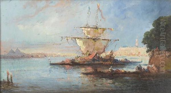 Segelschiff Im Abendrot In Der Lagune Von Venedig Oil Painting by Felix Ziem