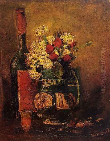 Vase With Carnations And Roses And A Bottle Oil Painting by Vincent Van Gogh