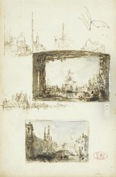 Sketch Sheet With Two Views Of Venice - Lagunawith Sailing Ship And The Rialto Bridge. Oil Painting by Felix Ziem