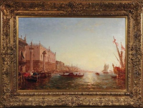 Gondoles Pres Du Mole, Venise Oil Painting by Felix Ziem