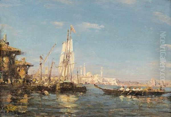 Barke Und Segelboot Vor Konstantinopel. Oil Painting by Felix Ziem