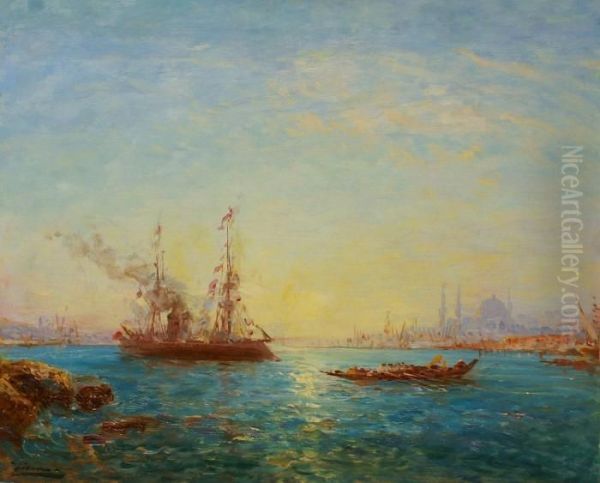 Bateau Pavoise Sur Le Bosphore Au Soleil Couchant Oil Painting by Felix Ziem