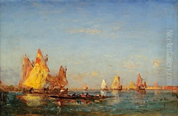 A Gondola And Other Boats In The Venetianlagoon Oil Painting by Felix Ziem