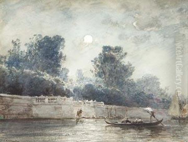 Crossing The Canal By Moonlight. Oil Painting by Felix Ziem