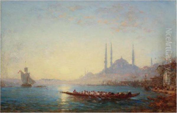 Sunset On The Bosphorus And The Hagia Sophia Oil Painting by Felix Ziem