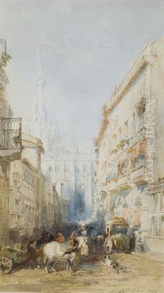 Vue Du Dome De La Cathedrale De Milan Depuis Une Ruelle, Des Caleches Au Premier Plan Oil Painting by Felix Ziem