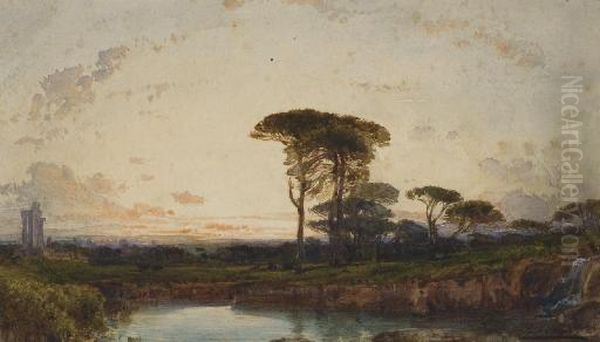 Des Pins Parasols A Palmyre Devant Un Lac, Des Ruines Antiques Sur La Gauche Oil Painting by Felix Ziem