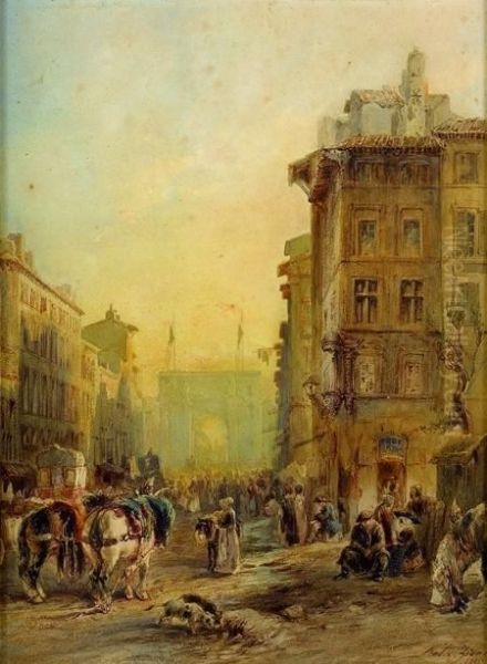 Vue D'une Rue Animee Avec La Porte D'aix A Marseille Oil Painting by Felix Ziem