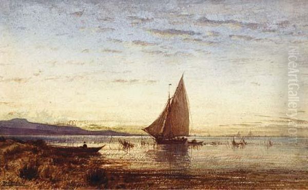 Un Voilier Dans Une Lagune, Une Barque Au Premier Plan Oil Painting by Felix Ziem