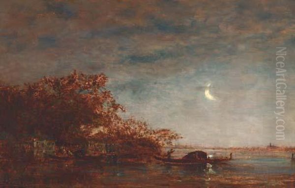 Gondolas On The Venetian Lagoon Under Moonlight Oil Painting by Felix Ziem