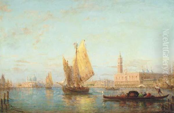 Bragozzi And Gondolas In The Bacino Of San Marco With The Palazzoducale Beyond, Venice Oil Painting by Felix Ziem