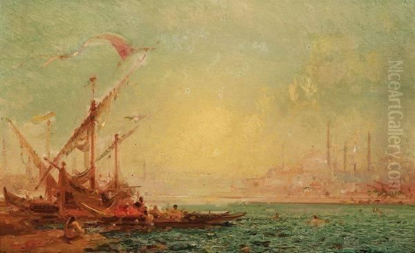 Felix F. G. P. Ziem . Scene Of Bosphorus With St. Sophia On The Horizon Oil Painting by Felix Ziem