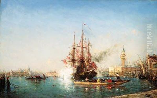 Ship Firing Salute In The Bacino Di Venezia Oil Painting by Felix Ziem