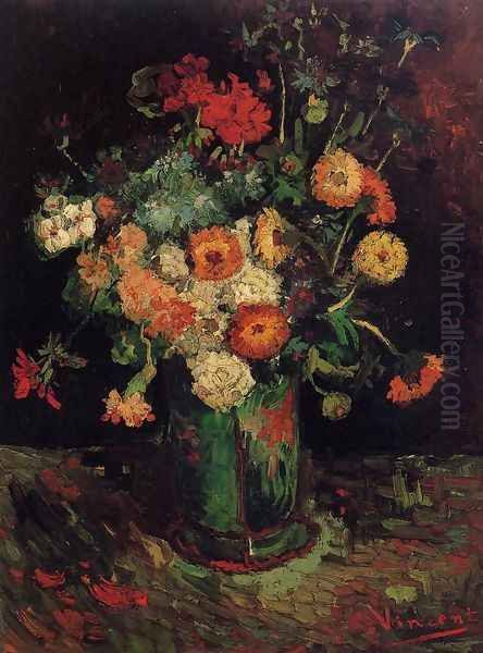 Vase With Zinnias And Geraniums Oil Painting by Vincent Van Gogh