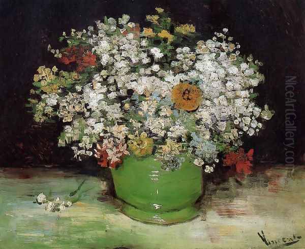 Vase With Zinnias And Other Flowers Oil Painting by Vincent Van Gogh