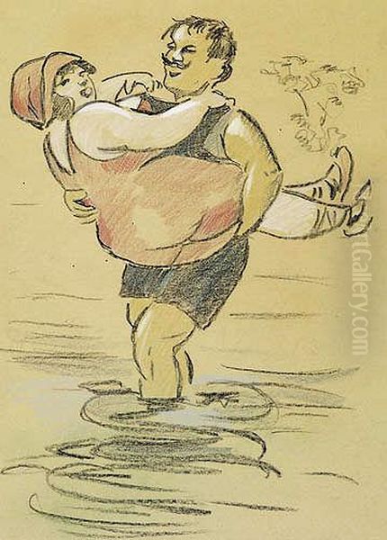 Badefreuden. Mann Tragt Frau Ins Wasser. Oil Painting by Heinrich Zille