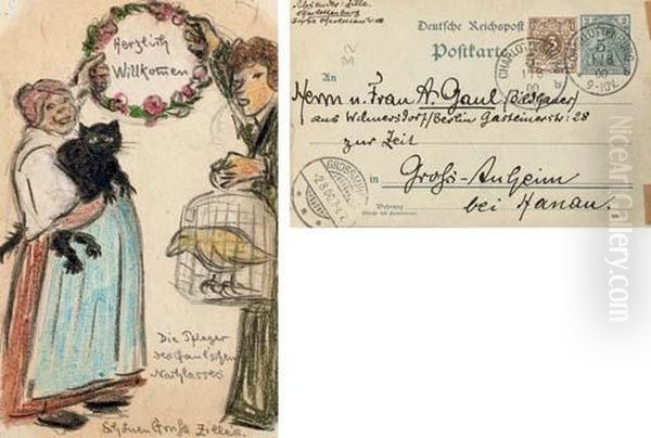 Herzlich Willkommen - An Hand Drawn Postcard Oil Painting by Heinrich Zille