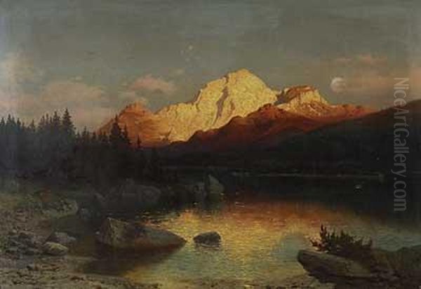 Vollmond Uber Alpengluhen Oil Painting by August Albert Zimmermann