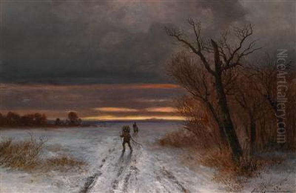 Winterlandschaft Mit Holzsammler Im Abendlicht Oil Painting by August Albert Zimmermann