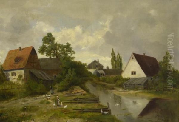 Dorfliches Idyll. Oil Painting by August Albert Zimmermann