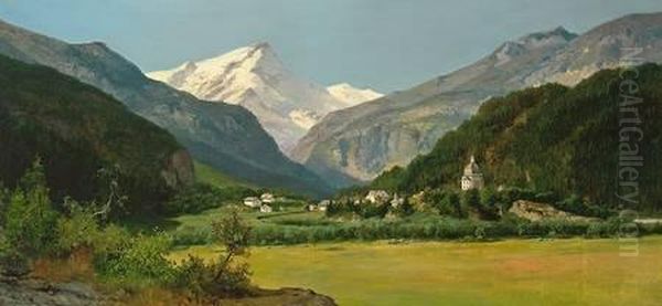 Sommertag In Den Alpen Mit Malerischem Kirchdorf Und Aufragendem Massiv Oil Painting by August Albert Zimmermann