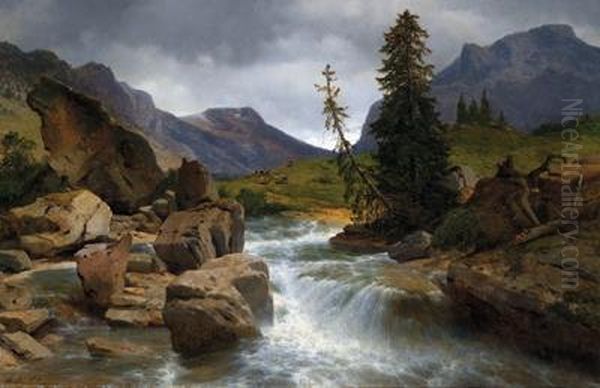 Hochgebirgslandschaft Mit Einem Bach Oil Painting by August Albert Zimmermann