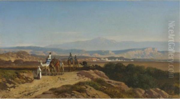 An Arab Caravan Oil Painting by August Albert Zimmermann