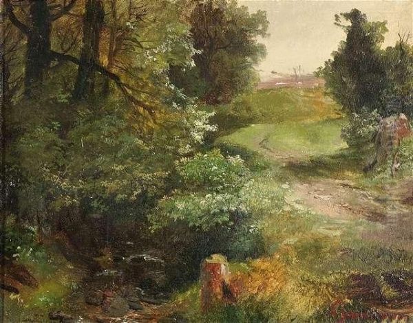 Drivewayalong A Brook In A Summery Landscape Oil Painting by August Albert Zimmermann