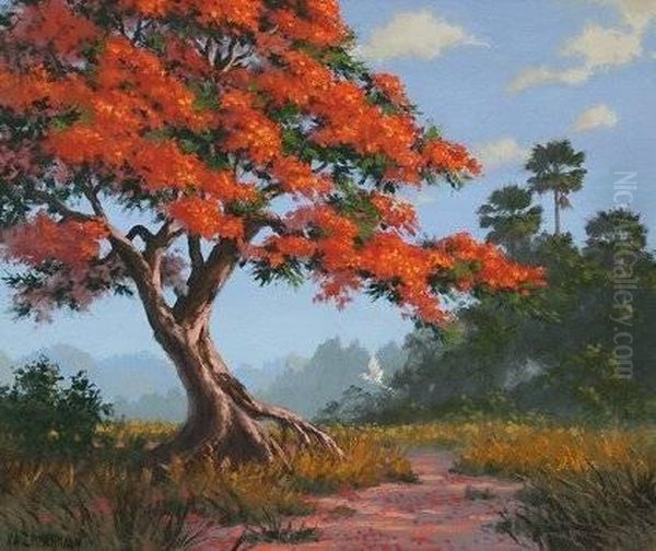 Florida Poinciana Landscape With Heron Oil Painting by August Albert Zimmermann