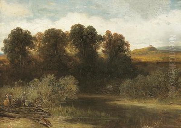 Kleine Landschaft Mit Fluchtigem Wild Oil Painting by August Albert Zimmermann