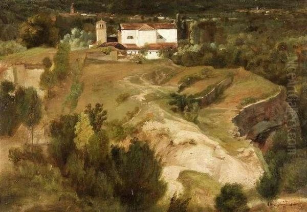 Italian Landscape With A Church On A Bank Oil Painting by August Albert Zimmermann