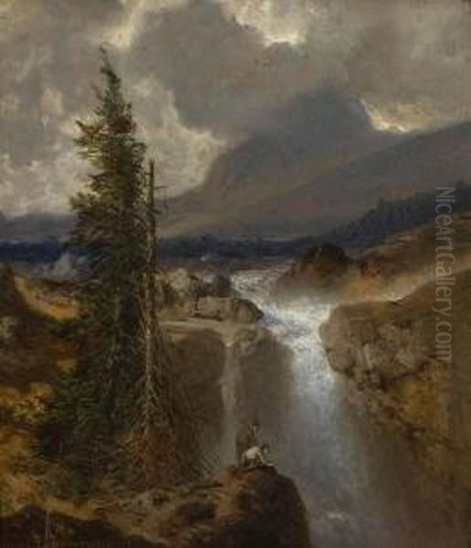 Zwei Wanderer Am
 Wasserfall. Oil Painting by August Albert Zimmermann