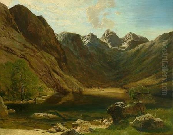 Der Gosausee Mit Dem Dachsteinmassiv Aneinem Sonnigen Sommertag Oil Painting by August Albert Zimmermann