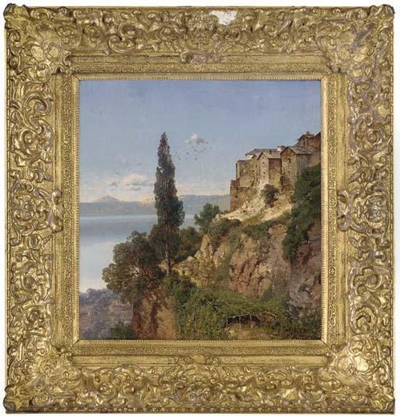 An Italian Hillside Town Oil Painting by August Albert Zimmermann