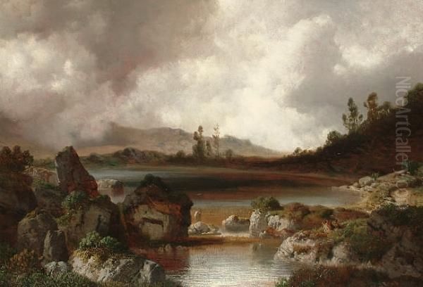 Storm Brewing Over A Rocky Landscape. Oil Painting by August Albert Zimmermann