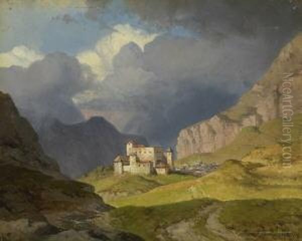 Blick Auf Nauders Und Burg
 Naudersberg In Tirol. Oil Painting by August Albert Zimmermann