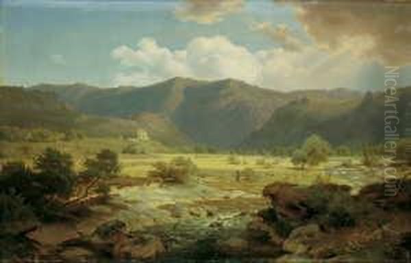 Gebirgslandschaft Mit Hirtenstaffage. Oil Painting by August Albert Zimmermann