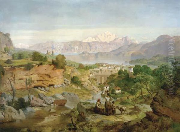 Figures In An Extensive Valley Landscape Oil Painting by August Albert Zimmermann