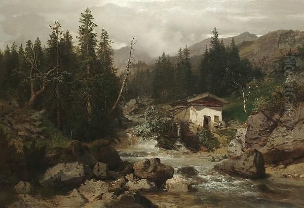 A Watermill In An Alpine River Landscape Oil Painting by August Albert Zimmermann