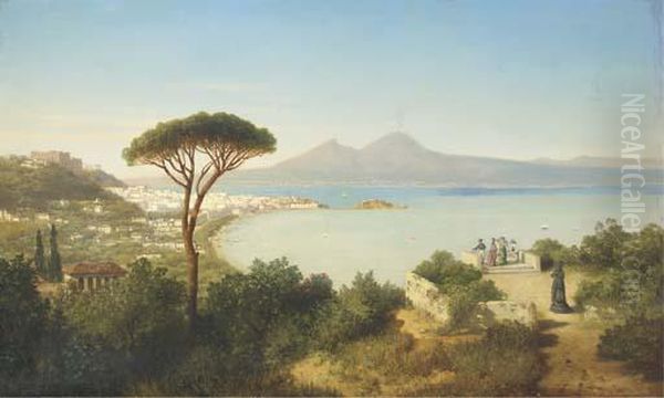 Elegant Ladies Overlooking The Bay Of Naples, Italy Oil Painting by August Albert Zimmermann