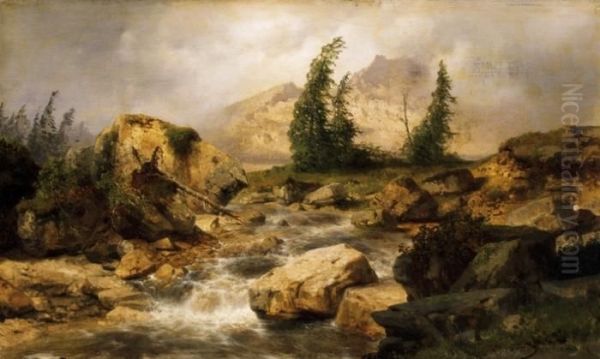 Landscape In The Alps With A Torrential Brook Oil Painting by August Albert Zimmermann